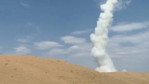 The launch and flight of a missile from the launcher, fired surface-to-air missi Stock Footage 216148876