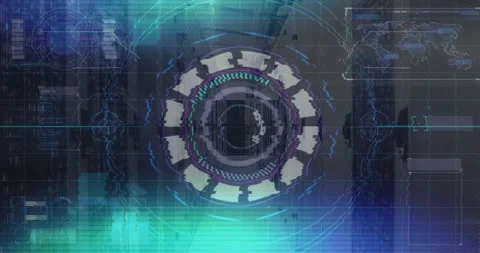 On launch animated circular interface spinning arcs scanning flickering static Stock Footage 317228306