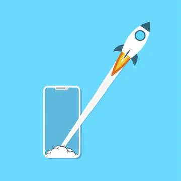 Launch app concept on smartphone on blue. Stock Illustration