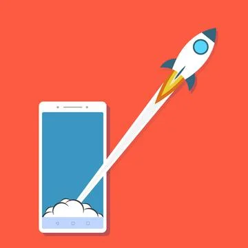 Launch app concept on smartphone on red. Stock vector Stock Illustration