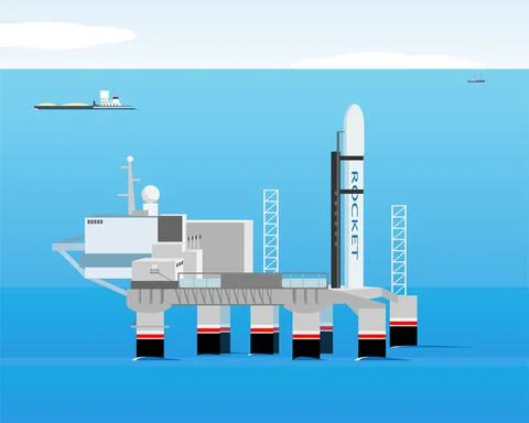 Launch complex of a floating cosmodrome for launching rockets from the sea. Stock Illustration