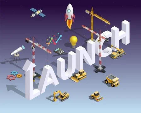 Launch concept with construction cranes building word launch and rocket fly.. Stock Illustration