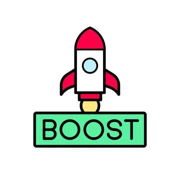 Launch Concept Icon with Red Rocket and Green BOOST Badge Stock Illustration