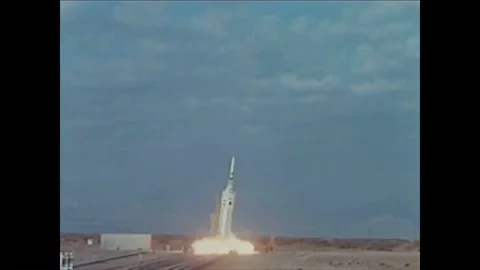 Launch escape subsystems for the Apollo spacecraft are launched and checked Stock Footage 86137899