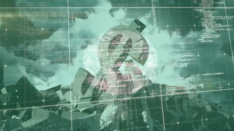 On launch glowing arrow symbol emerging with grid sharpening and code scrolling Stock Footage 312099731