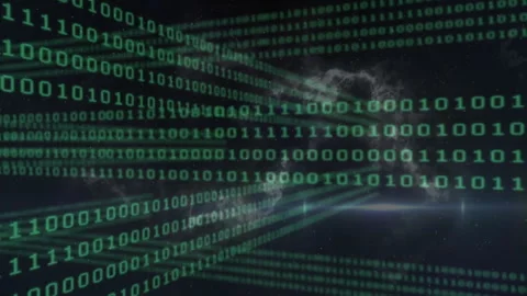 On launch green binary streams scrolling forward pulling back revealing nebula Stock Footage 311663190