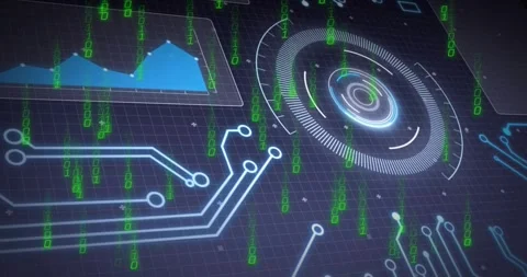 On launch grid appearing, blue chart fading, code descending, radar scanning for Stock Footage 317227219