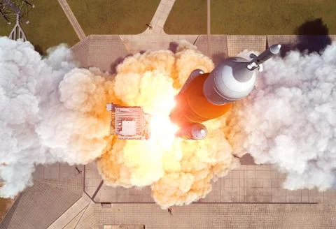 Launch Of Heavy Carrier Rocket Space Launch System . Aerial View. Stock Illustration