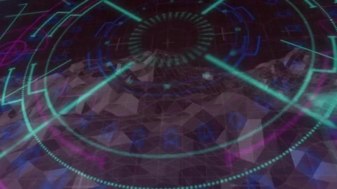 On launch, HUD overlay scanning terrain, sliding beams, swirling circuits, Stock Footage 317660465