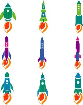 Launch icon. Colored rockets. The rocket set vector. Icon design rockets Stock Illustration