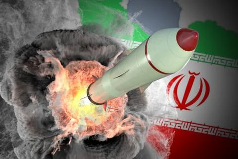 Launch of missile from Iran. 3D rendered illustration. Stock Photos