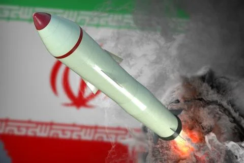 Launch of missile. Iran flag in background. 3D rendered illustration. Stock Photos