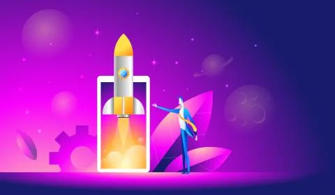Launch of a mobile application is an isometric illustration. takeoff rocket or Stock Illustration
