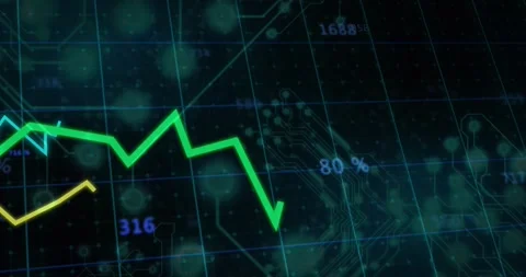 On launch multi-colored lines climbing, plunging and rebounding on circuit grid Stock Footage 327447857