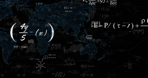 On launch, neon-blue world map expanding with formulas appearing and icons Stock Footage 312100457