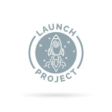 Launch new start up project icon button with space rocket. Stock Illustration