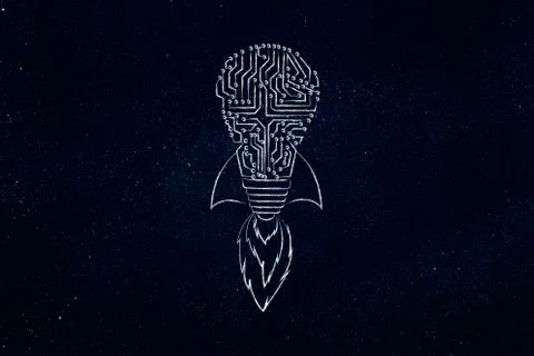 Launch new tech ideas: circuit lightbulb with rocket setup Stock Illustration