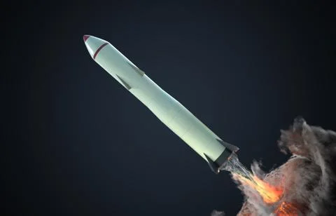 Launch of nuclear missile on black background. 3D rendered illustration. Stock Photos