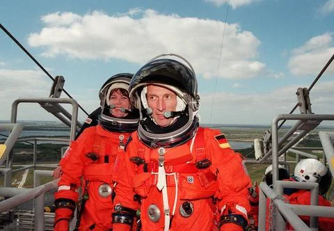 At Launch Pad 39A, STS-99 Mission Specialists Gerhard Thiele (Ph.D.), of t... Stock Photos