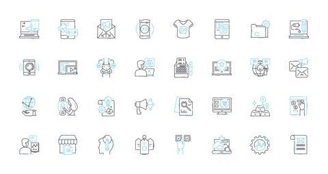 Launch Pads linear icons set. Rocket, Ignition, Launch, Spacecraft, Blast-off Stock Illustration