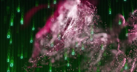 On launch pink cloud emerging, expanding, drifting across green binary grid to Stock Footage 311699630