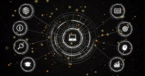 At launch rings animating around computer icon, icons fading and connecting, Stock Footage 317352093