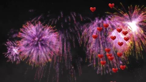 On launch rocket ascending and exploding into blooms, hearts floating upward Stock Footage 319342618