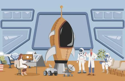 Launch rocket center with cosmonaut vector flat illustration. Engineer and Stock Illustration