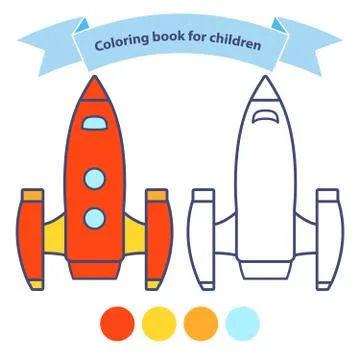 Launch rocket with a cute face.Start of spaceship.Coloring book for children. Stock Illustration