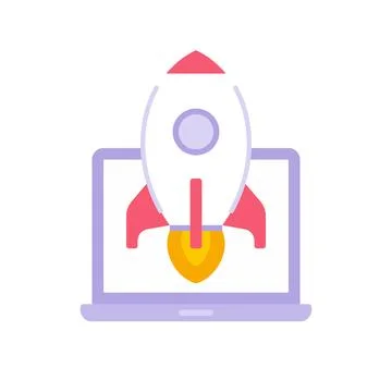 Launch rocket with fire flame at laptop screen icon vector illustration. Spac Illustrazione stock