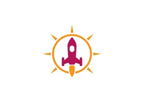 The launch of a rocket with a flame inside bright sun circle for logo design  Stock Illustration