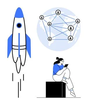 Launch of a Rocket, Global Connectivity Network, and Person Reading Tablet Stock Illustration