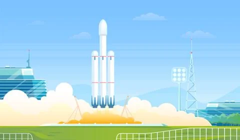 Launch rocket vector illustration, cartoon flat research shuttle, heavy rocket Illustrazione stock