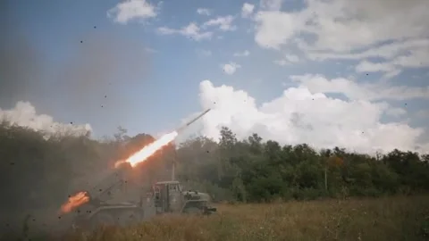 Launch of rockets from the rocket salvo system Stock Footage 276314258