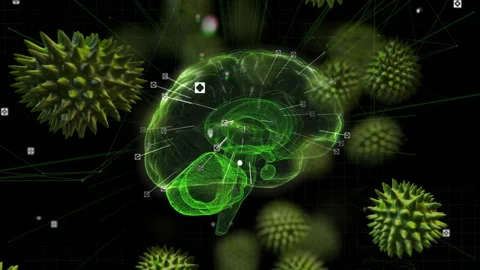 On launch scientific brain model rotating and mapping pathogens with pointer Stock Footage 310969948