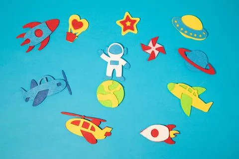 The launch into space. Flying rocket through the clouds. Start up of the space Stock Photos