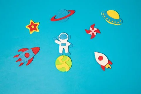 The launch into space. Flying rocket through the clouds. Start up of the space Stock Photos