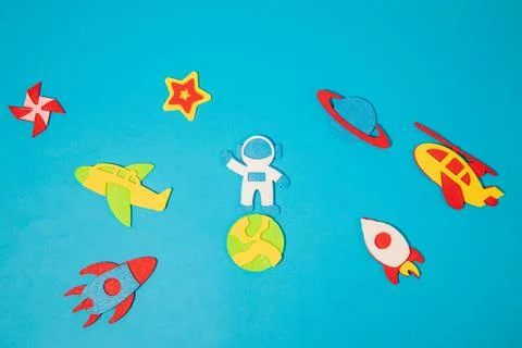 The launch into space. Flying rocket through the clouds. Start up of the space Stock Photos
