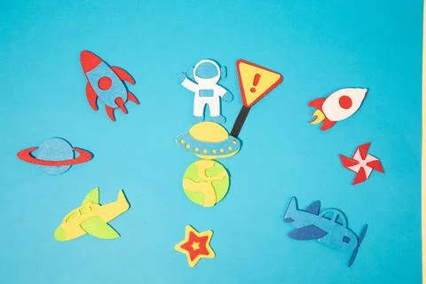 The launch into space. Flying rocket through the clouds. Start up of the space Stock Photos
