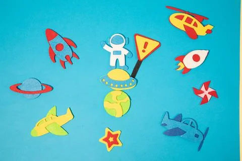 The launch into space. Flying rocket through the clouds. Start up of the space Stock Photos