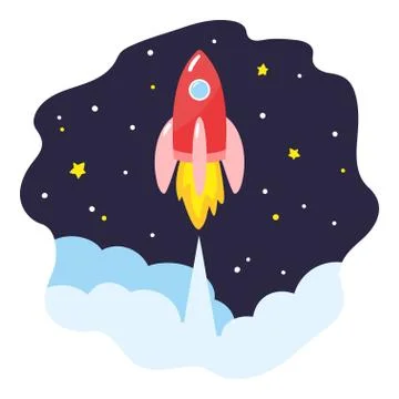Launch spacecraft in outer space. Red cartoon rocket soars up. Stock Illustration