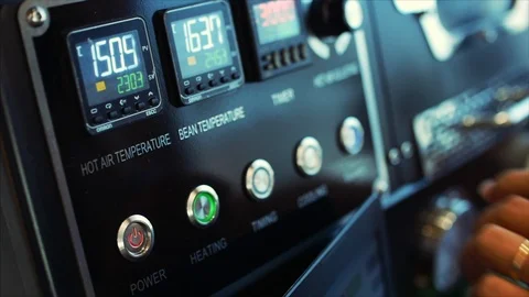 Launch of special equipment for roasting coffee beans. Button fire button Stock Footage 90173339