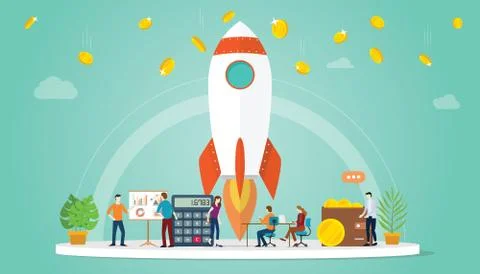 Launch startup business concept with rocket and some financial business money Stock Illustration
