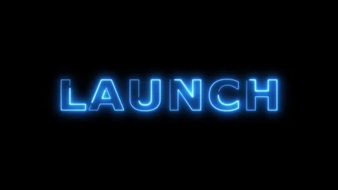 Launch text blue neon light glowing on dark wall. Video stock 332533112