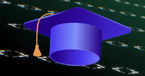 Launch-triggered 3D graduation cap rotating against neon squares to showcase Stock Footage 316119807