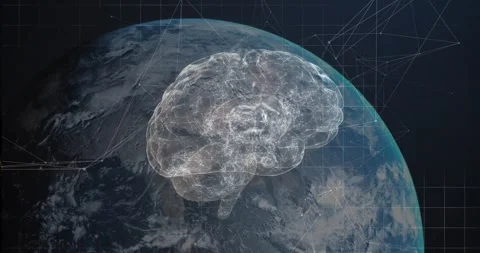 At launch wireframe brain rotating over Earth while network pulsing for neural Stock Footage 328589312