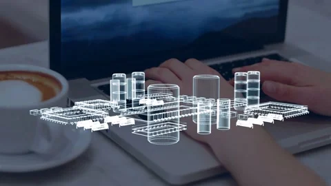 On launch wireframe floating over keyboard, rotating, tilting as hands typing, Stock Footage 335316995