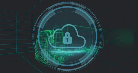 On launch wireframe truck appearing, shield and rings spinning around cloud lock Stock Footage 317155523