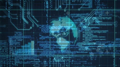 Launching, 3D globe rotating while code strips sliding and chart pulsing Stock Footage 310283173