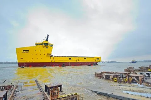 Launching ceremony of a ship in the shipyard Stock Photos